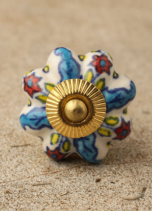 White Base Ceramic Knob With Multicolor Flower And Leaf