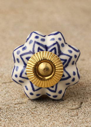Floral White Royal Ceramic Door Knob With Blue Print