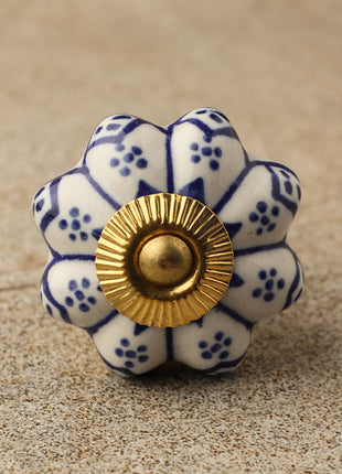 Flower Shaped White And Blue Designer Ceramic Cabinet Knob