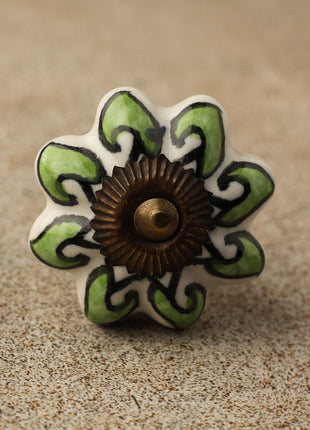 Floral White Ceramic Door Knob With Green Leaves