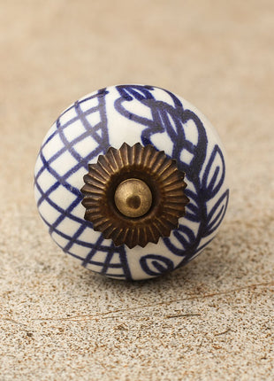 White Ceramic Drawer Cabinet Knob With Blue Floral Design
