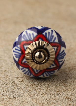 Elegant White Ceramic Cabinet Knob With Red And Blue Print