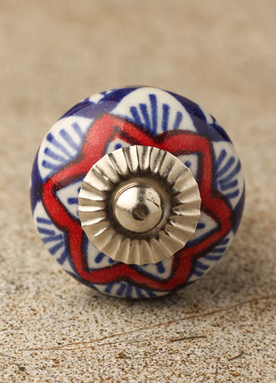 Elegant White Ceramic Cabinet Knob With Red And Blue Print
