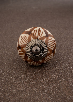 White Ceramic Knob with Brown Flower