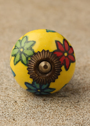 Yellow Base Ceramic Knob With Red, Green And Turquoise Flowers