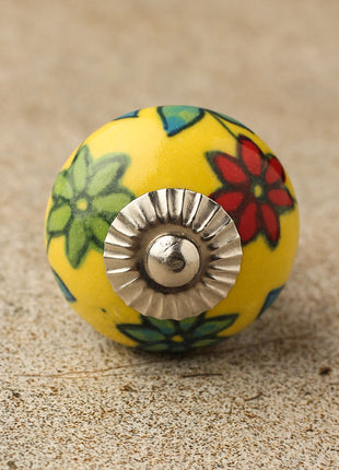 Yellow Base Ceramic Knob With Red, Green And Turquoise Flowers