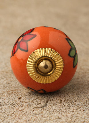 Round Orange Cabinet Knob With Beautifully Hand Painted Flowers