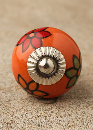 Round Orange Cabinet Knob With Beautifully Hand Painted Flowers