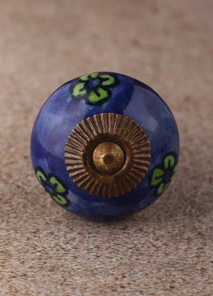 Elegant Blue Ceramic Cabinet Knob With Green Flowers