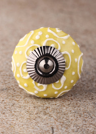 Handmade Yellow Ceramic Knob With White Cracked Embossed Design
