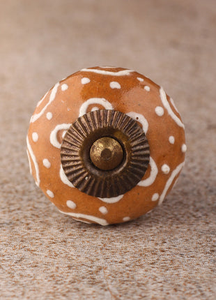 Brown Ceramic Dresser Knob With White Embossed Design