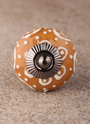 Brown Ceramic Dresser Knob With White Embossed Design