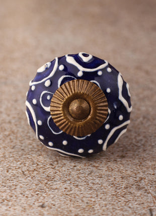Blue Ceramic Knob With White Cracked Embossed Design