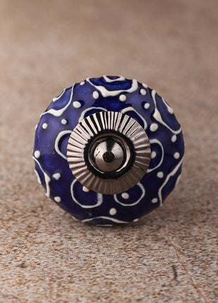 Blue Ceramic Knob With White Cracked Embossed Design