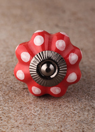 Red Flower Shaped Kitchen Cabinet Knob With White Polka Dots