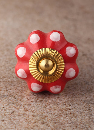 Red Flower Shaped Kitchen Cabinet Knob With White Polka Dots