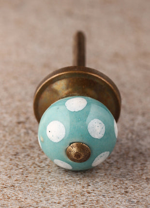 Turquoise Round Cabinet Knob With White Polka Dots