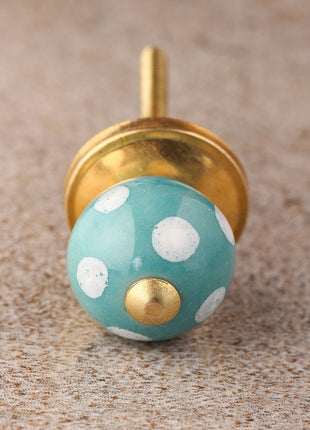 Turquoise Round Cabinet Knob With White Polka Dots