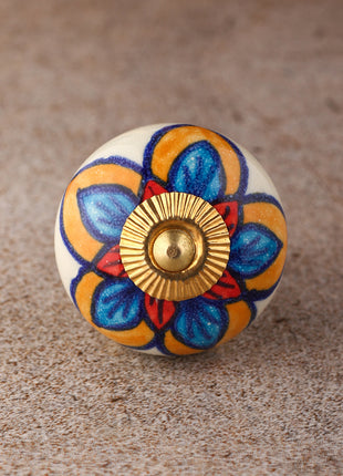 Stylish White Cabinet Knob With Red, Turquoise And Yellow Colored Flower