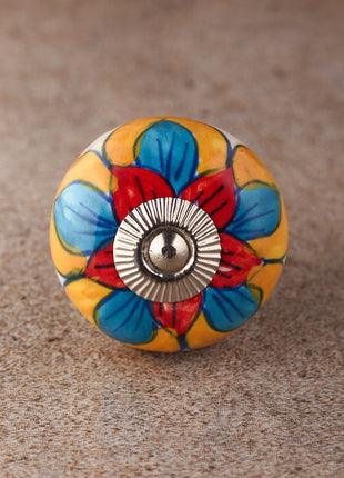 Stylish White Cabinet Knob With Red, Turquoise And Yellow Colored Flower