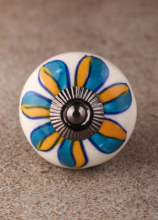 White Base Cabinet Knob With Yellow and Turquoise Flower