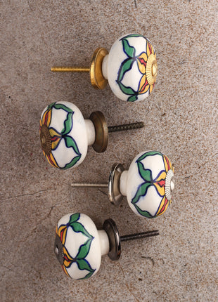 Stylish White Base Ceramic Cabinet Knob With Multicolor Flower