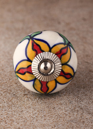 Stylish White Base Ceramic Cabinet Knob With Multicolor Flower
