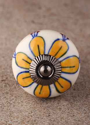 Elegant White Base Ceramic Door Knob With Yellow Flower