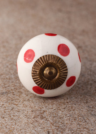 White Round Ceramic Drawer Knob With Red Polka Dots