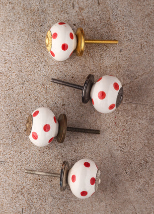 White Round Ceramic Drawer Knob With Red Polka Dots