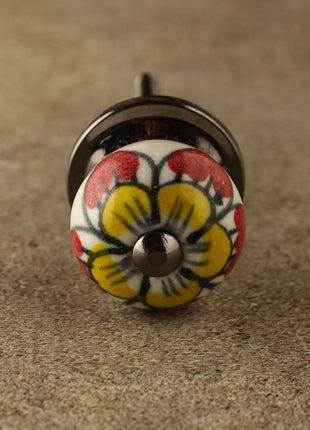 White Round Ceramic Drawer Knob With Hand Painted Flowers