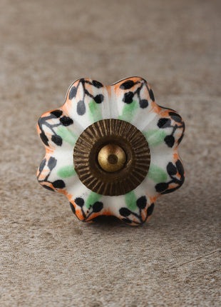 Flower Shaped White Ceramic Knob With Multicolor Designs