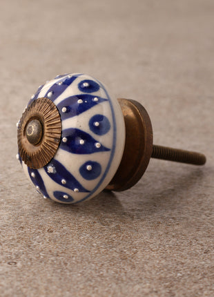 Stylish Cream Ceramic Door Knob With Blue Designer Print