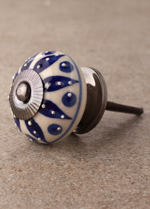 Stylish Cream Ceramic Door Knob With Blue Designer Print