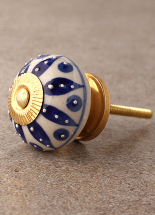 Stylish Cream Ceramic Door Knob With Blue Designer Print