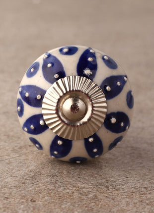 Stylish Cream Ceramic Door Knob With Blue Designer Print