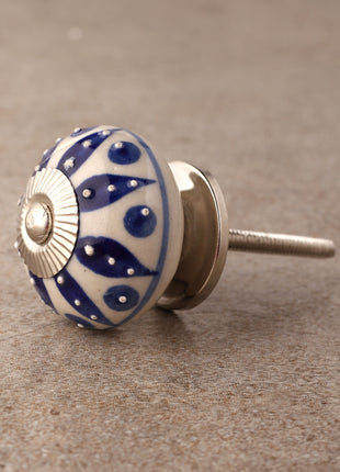 Stylish Cream Ceramic Door Knob With Blue Designer Print