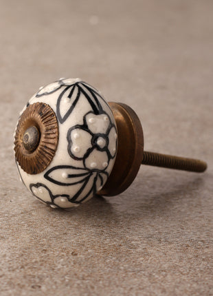 Designer Cream Ceramic Dresser Cabinet Knob With Black Print