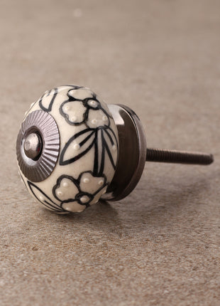 Designer Cream Ceramic Dresser Cabinet Knob With Black Print