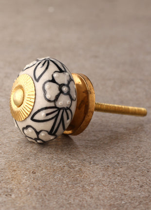 Designer Cream Ceramic Dresser Cabinet Knob With Black Print