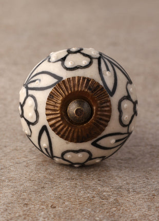 Designer Cream Ceramic Dresser Cabinet Knob With Black Print