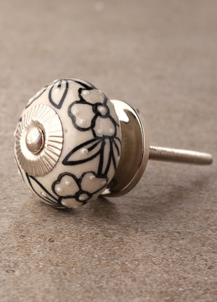 Designer Cream Ceramic Dresser Cabinet Knob With Black Print