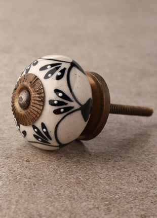 Stylish White Ceramic Knob with Black Embossed Floral Print