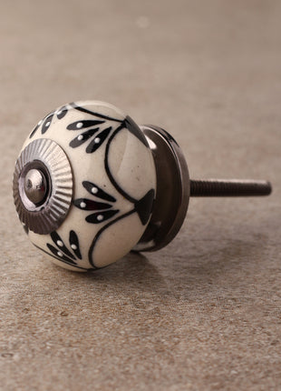 Stylish White Ceramic Knob with Black Embossed Floral Print