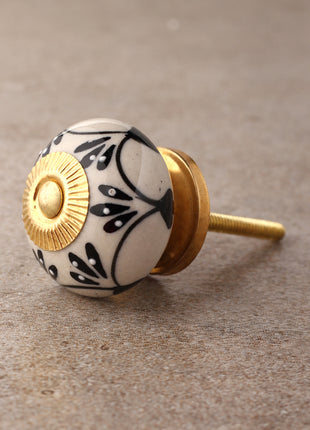 Stylish White Ceramic Knob with Black Embossed Floral Print