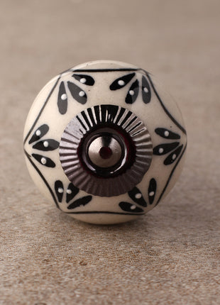 Stylish White Ceramic Knob with Black Embossed Floral Print