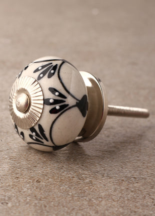 Stylish White Ceramic Knob with Black Embossed Floral Print