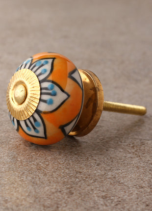 Orange Round Ceramic Dresser Knob With White Flower