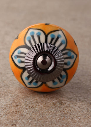 Orange Round Ceramic Dresser Knob With White Flower