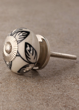 Hand Crafted White Ceramic Knob With Black Print